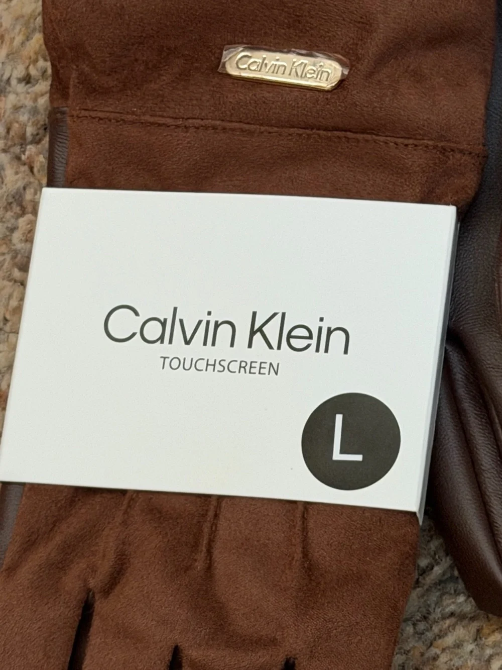 NWT - Calvin Klein - Woman's Brown Faux-Shearling Trim Touchscreen Gloves